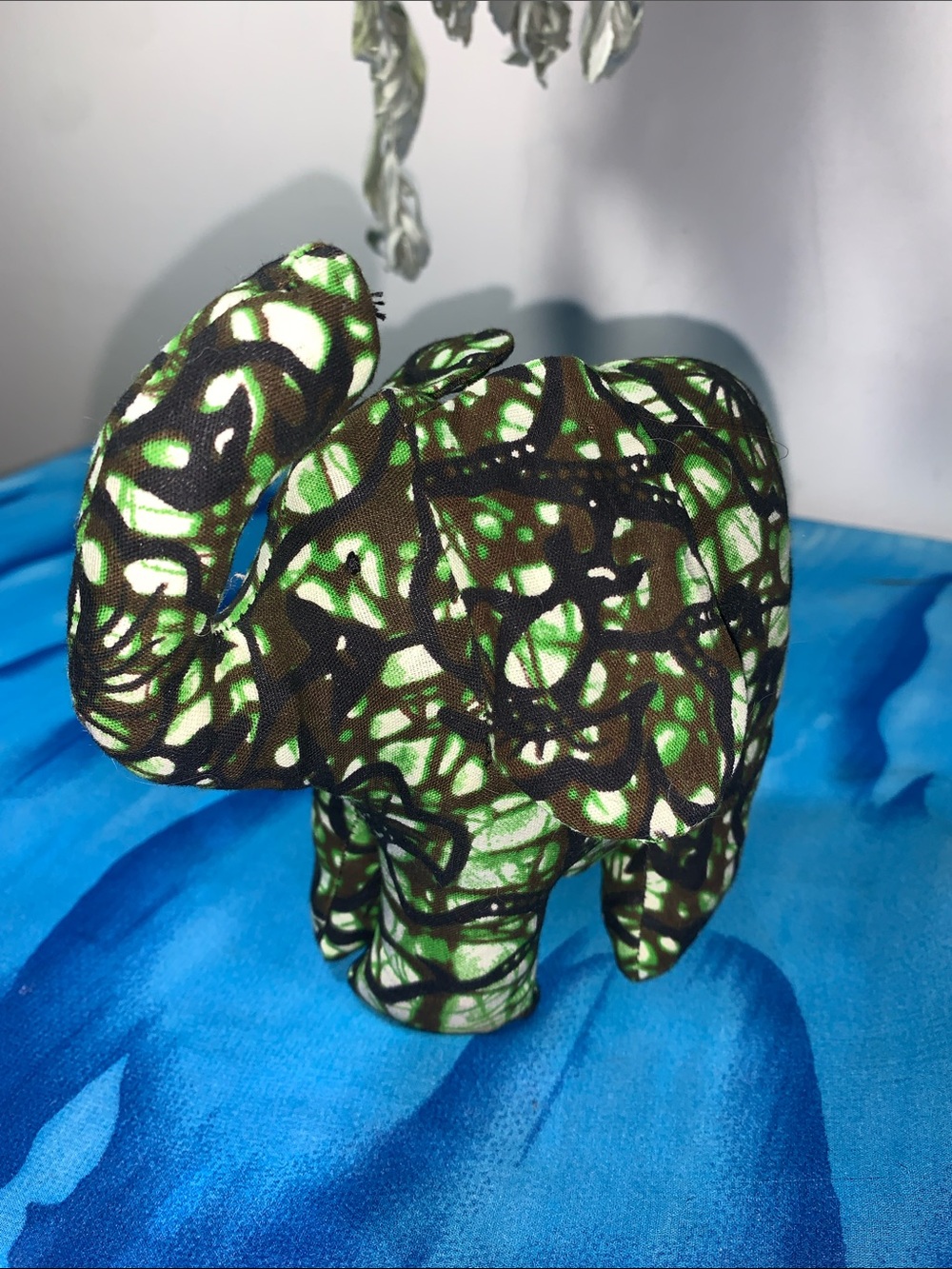 Handcrafted Green and Brown Fabric Elephant Sculpture - Home Art